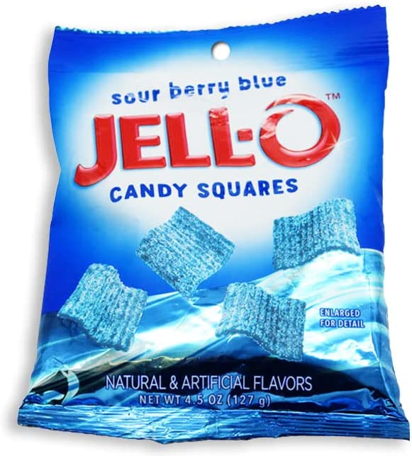 Morris National Inc. JELL-O™ Sour Candy Squares | Sour Berry Blue | Chewy Sweet and Sour Candy | Sharing Size, 4.5 oz, 12 Single Packs, 4.5 Ounce (Pack of 12)