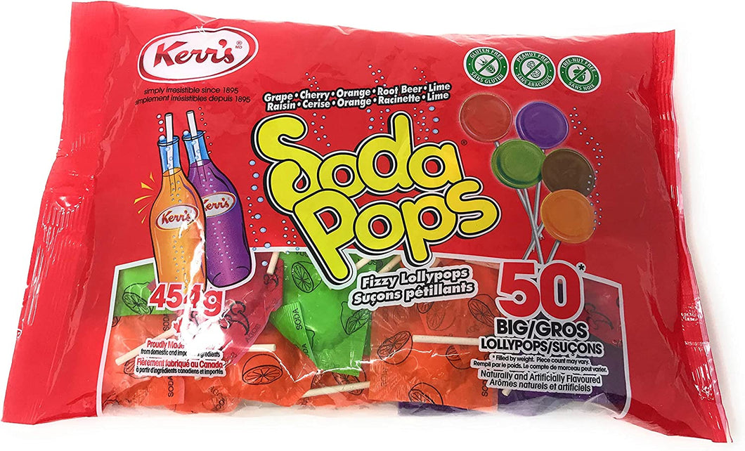 Soda Pops Fizzy Lollypops - Grape, Cherry, Orange, Root Beer & Lime - 454 g Bag - 50 Big Lollypops