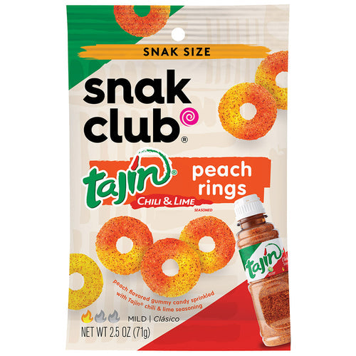 Snak Club Tajin Chili & Lime Seasoned Peach Rings, 2.5 Ounce Bag, Pack of 12
